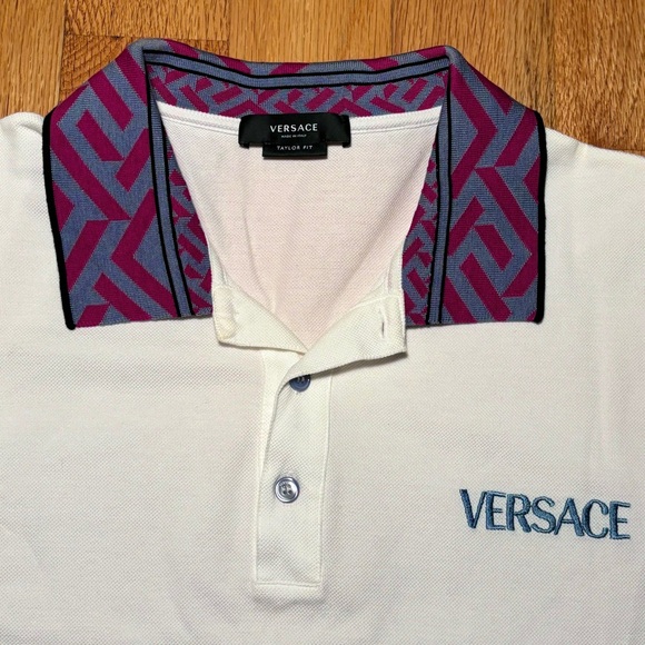 Versace Blue Magenta Collar Embroidered Logo Polo Shirt NWOT🔥 - Picture 2 of 7